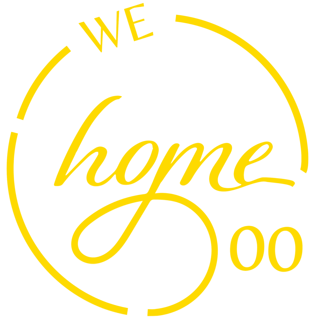 Yellow circular WeHome500 logo with stylized cursive home text inside circle representing brand identity for users!