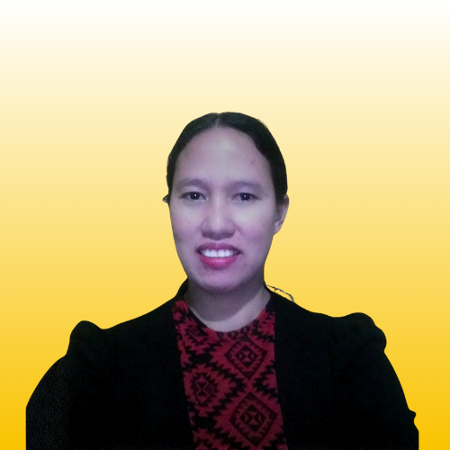 Smiling woman with brown hair and glasses wearing pink top, isolated on smooth yellow gradient background image art
