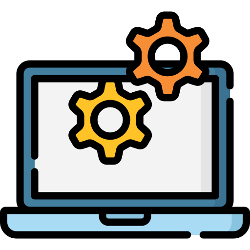 Laptop showing two colorful gears on screen to indicate configuration simple options and system adjustments UI icons!